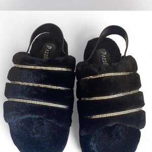 PAZZO Black Faux Fur Slingback Slides with Gold Rhinestone Straps